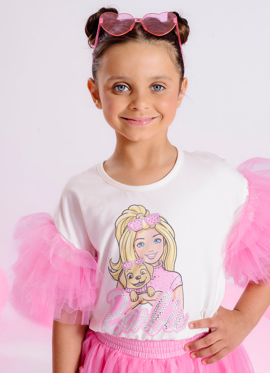 Blusa Cotton Serigrafia Barbie Cachorro Tule Mangas