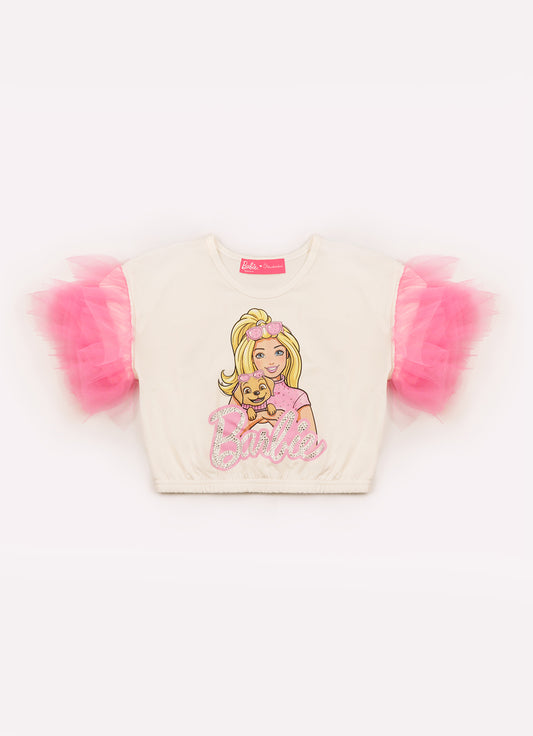 Blusa Cotton Serigrafia Barbie Cachorro Tule Mangas