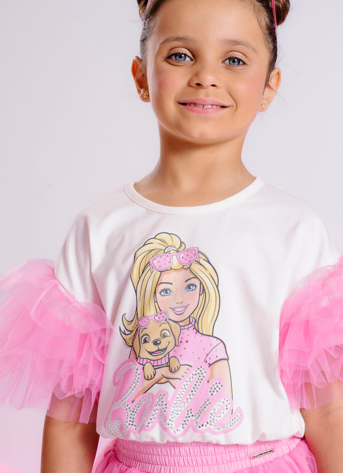 Blusa Cotton Serigrafia Barbie Cachorro Tule Mangas