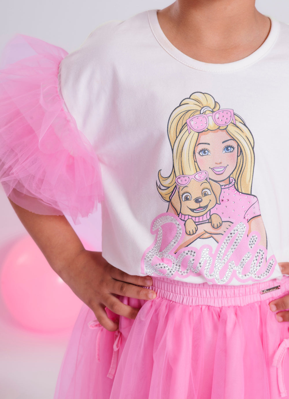 Blusa Cotton Serigrafia Barbie Cachorro Tule Mangas