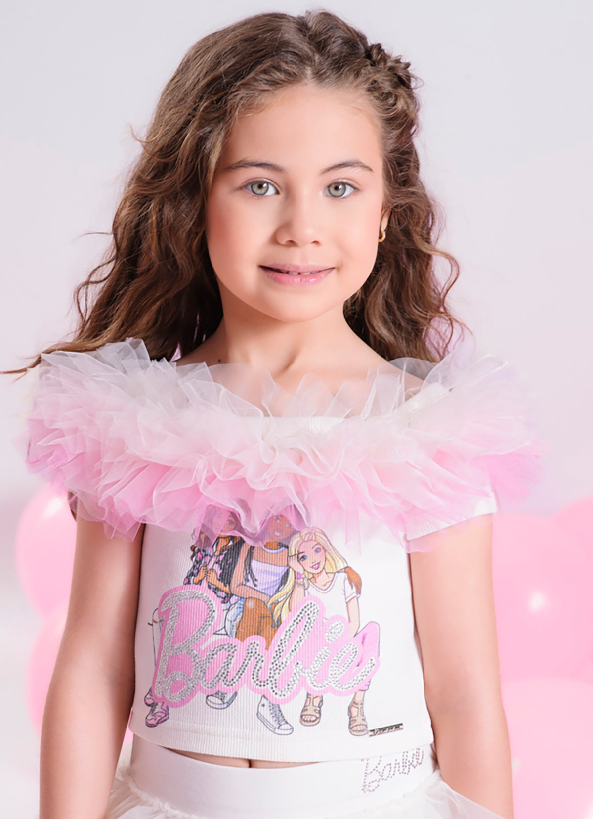 Blusa Ribana Ombro a Ombro Tule Colorido Serigrafia Barbies