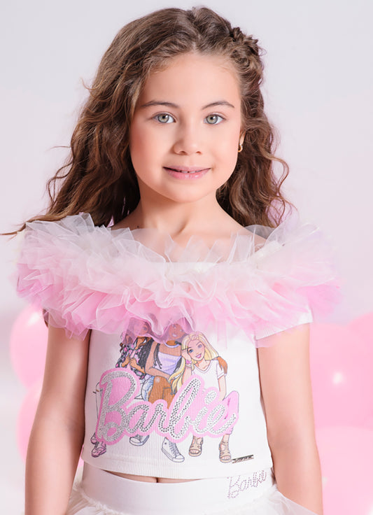 Blusa Ribana Ombro a Ombro Tule Colorido Serigrafia Barbies