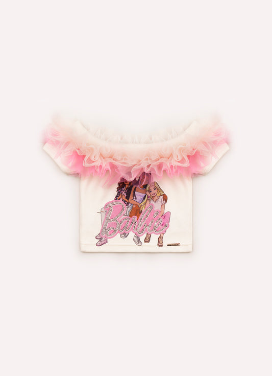 Blusa Ribana Ombro a Ombro Tule Colorido Serigrafia Barbies