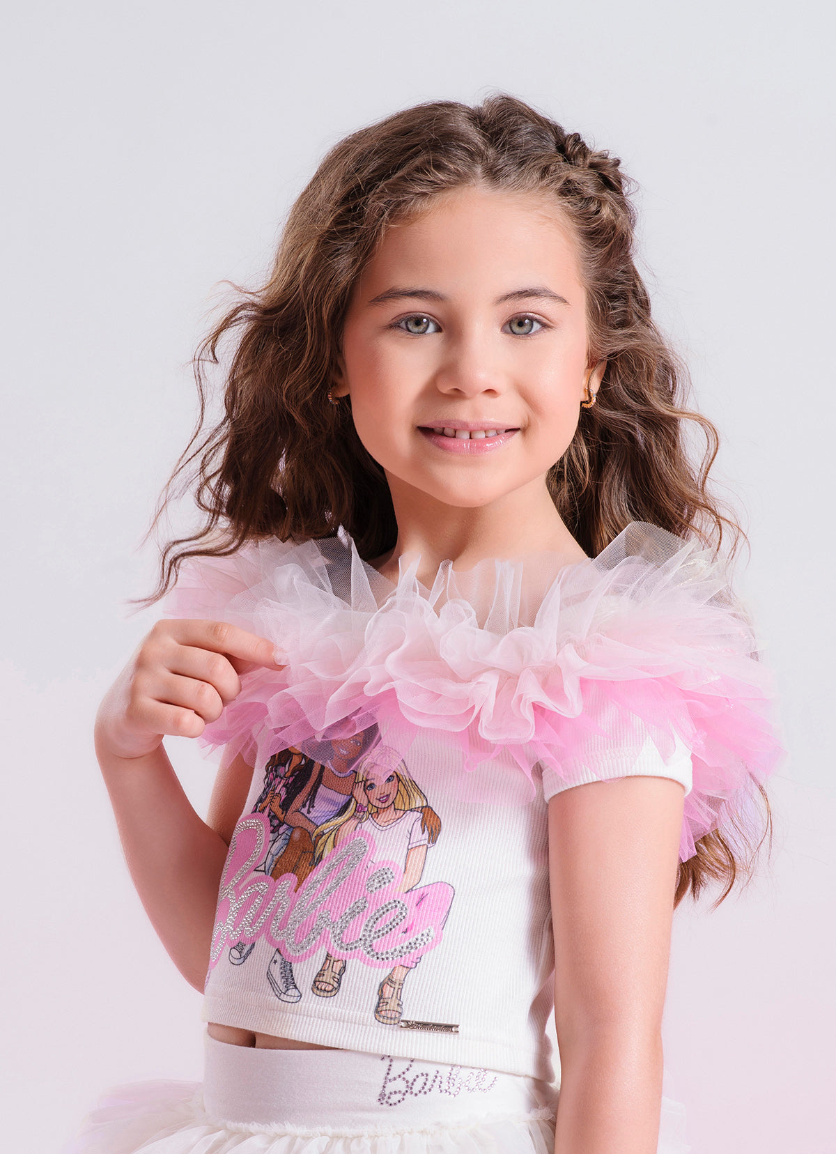 Blusa Ribana Ombro a Ombro Tule Colorido Serigrafia Barbies