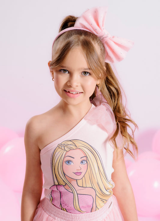 Blusa Ribana Um Ombro Só Barbie Laço Tule