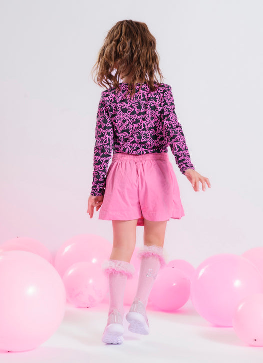 Saia Short Sarja Pregas Patche Silhuette Barbie