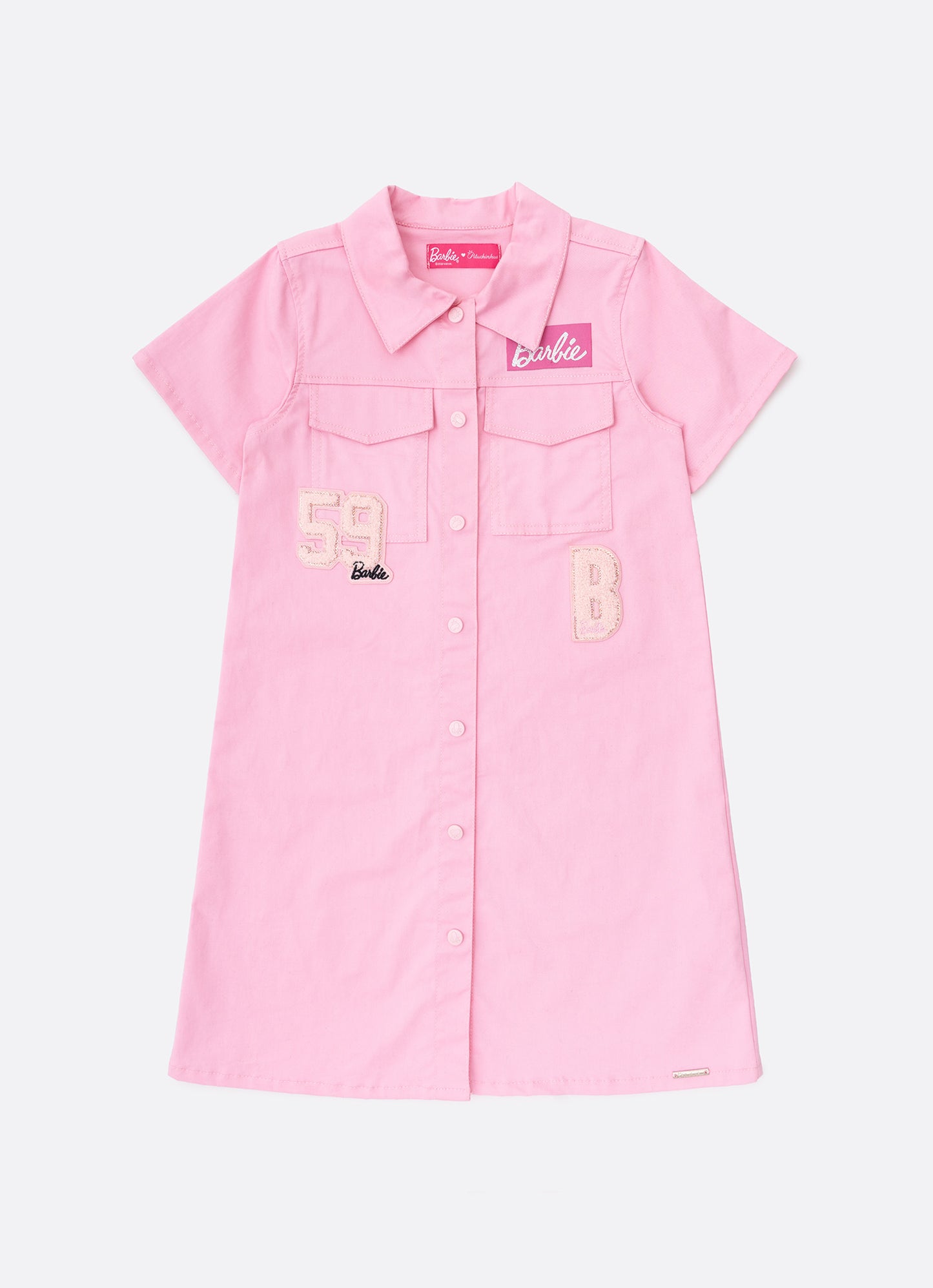 Vestido Sarja Bolsos Patches Barbie