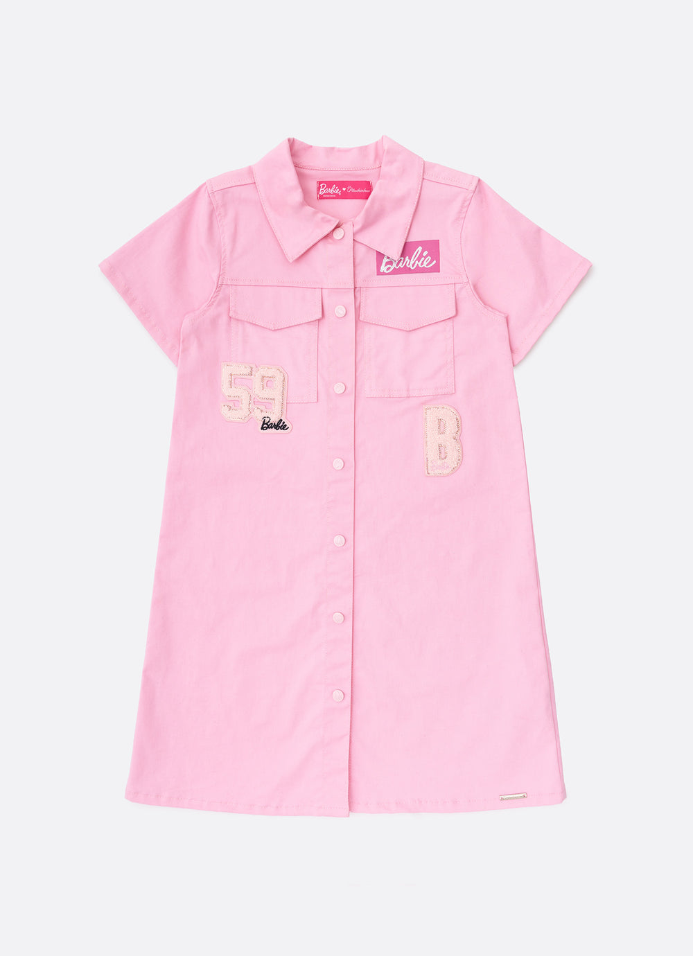 Vestido Sarja Bolsos Patches Barbie