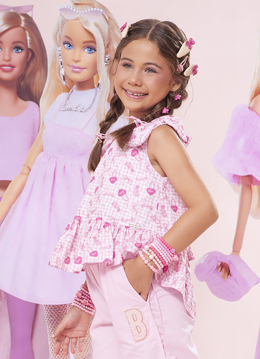Regata Algodão Xadrez Laços Puffer Barbie