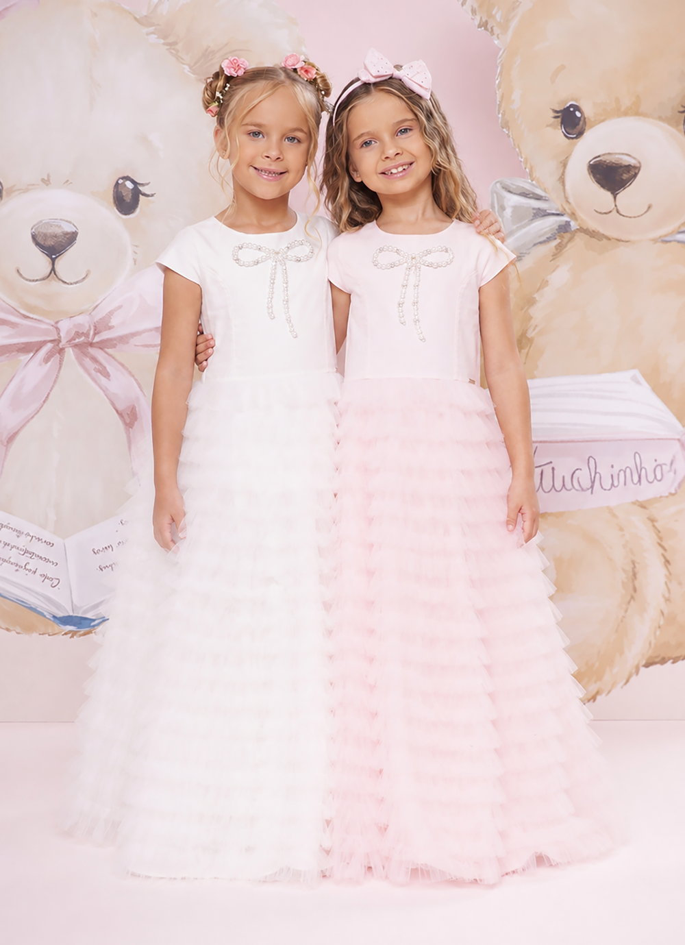 Vestido Longo Tule Babados Laço Bordado