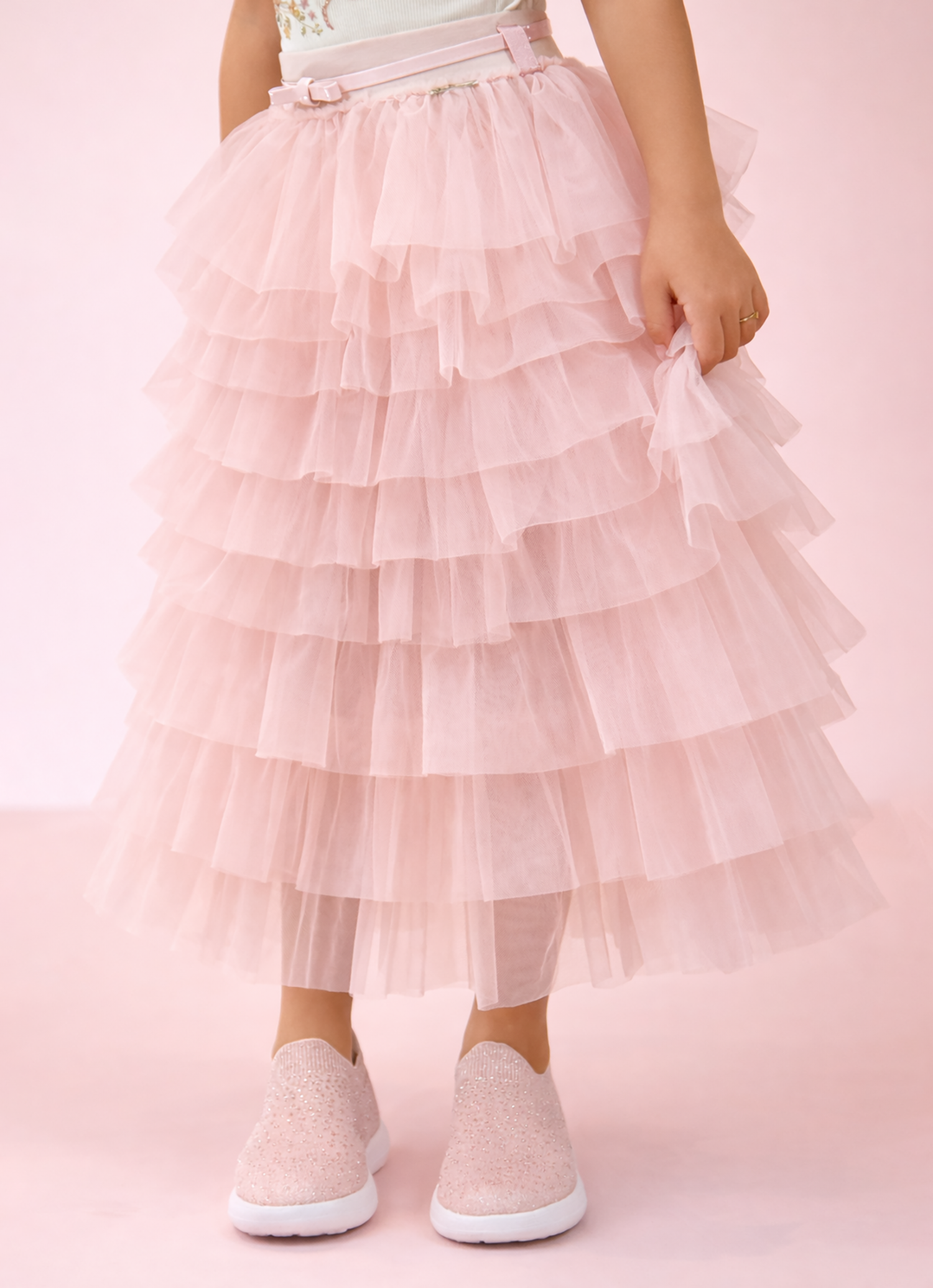 Saia Conceito Babados Tule Midi Com Cinto