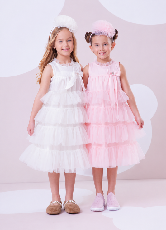 Vestido Tule Camadas Babado Laço