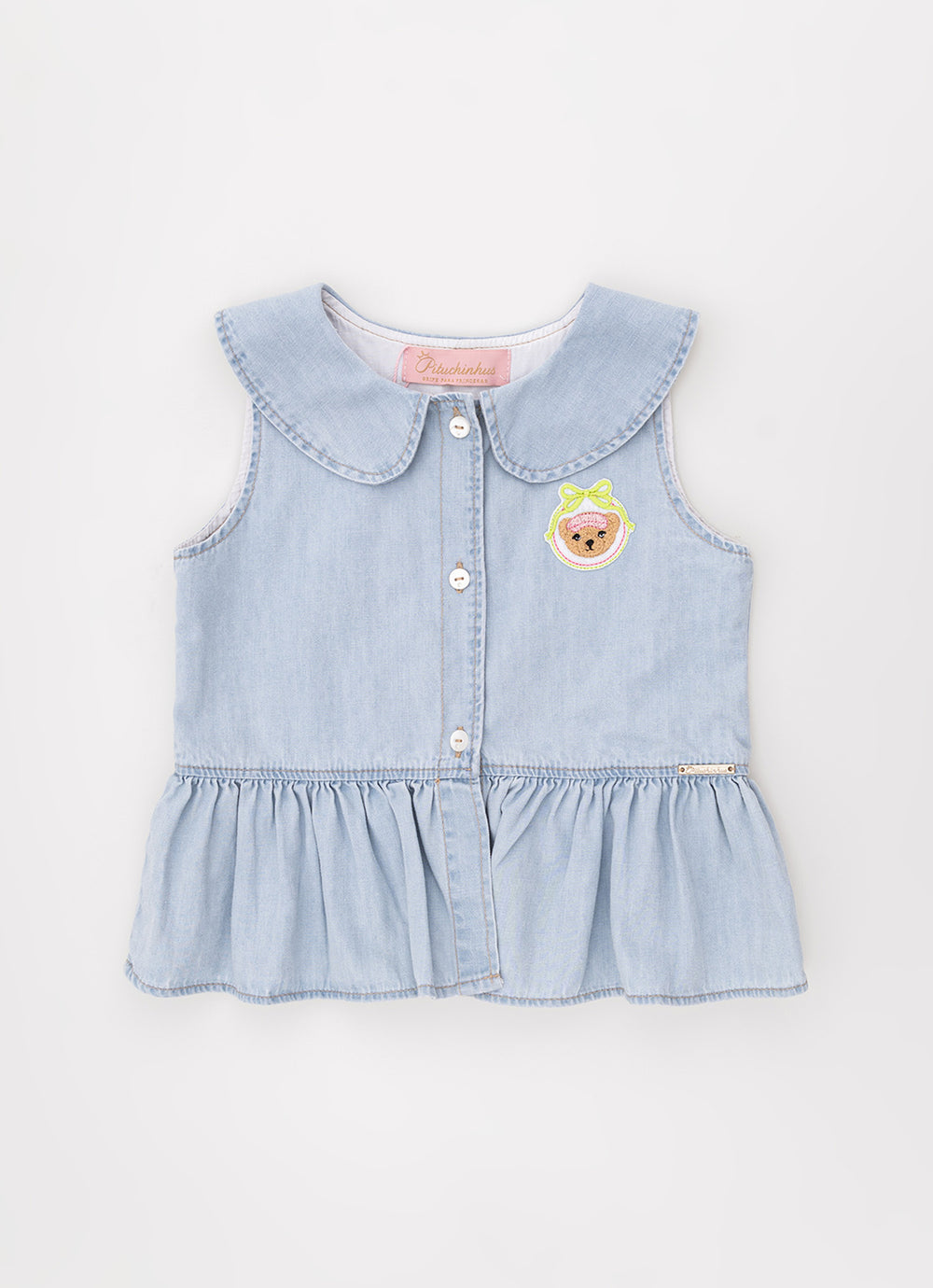 Camisa Regata Jeans Fino Babados Patche
