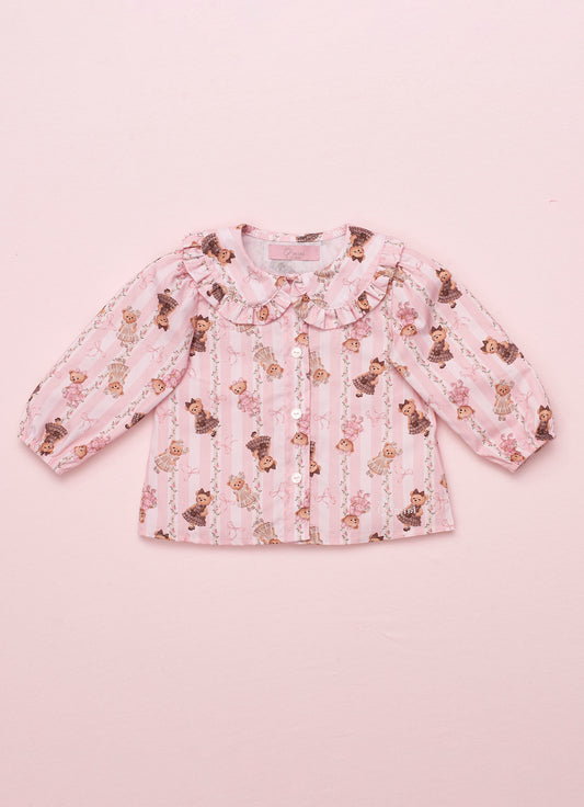 Camisa Algodão Estampa Listra e Ursinha Gola Babadinho