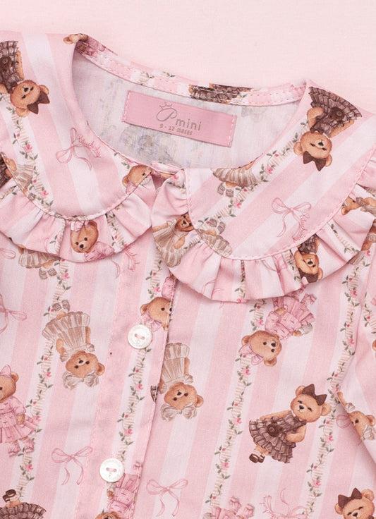 Camisa Algodão Estampa Listra e Ursinha Gola Babadinho