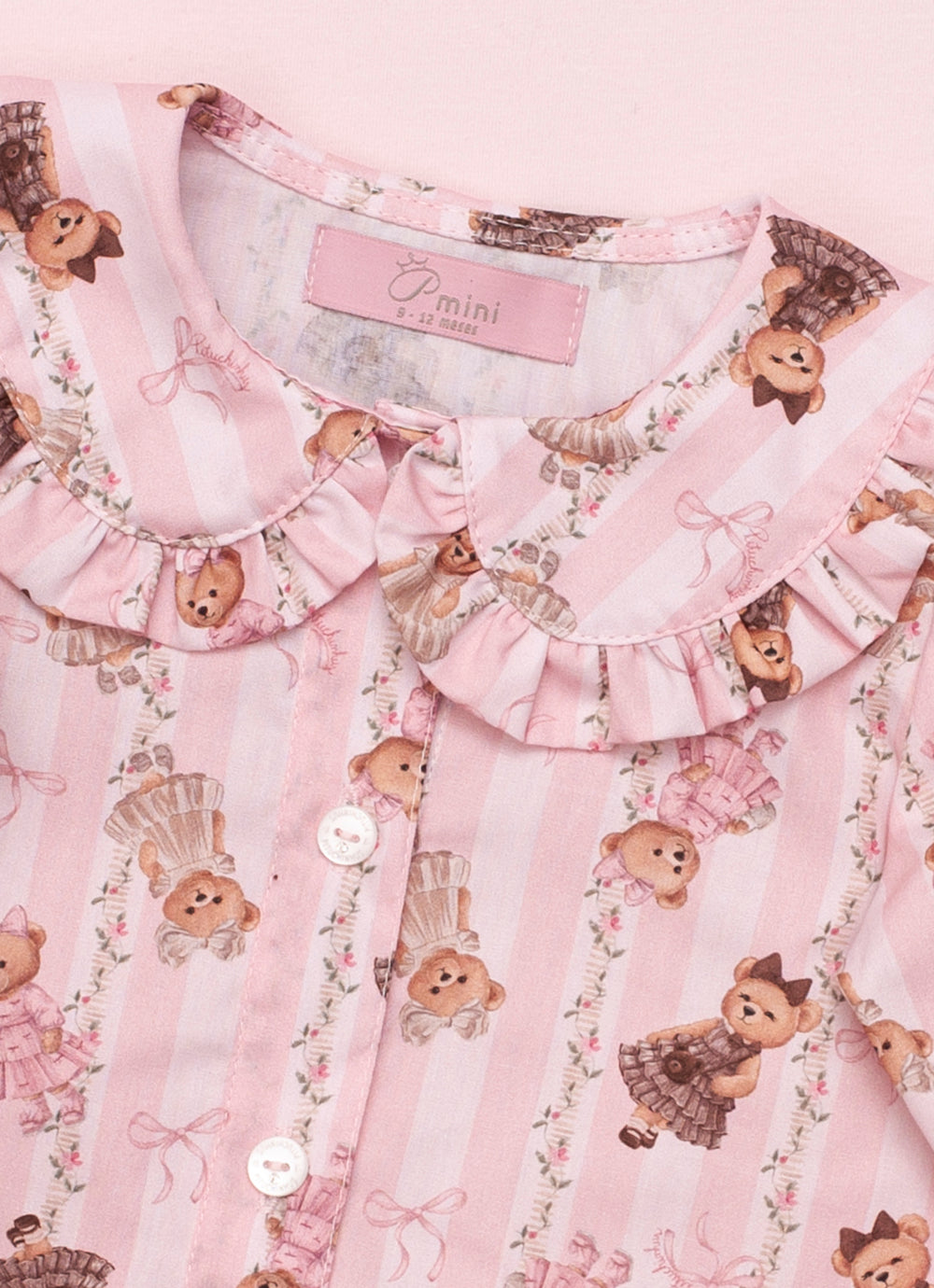 Camisa Algodão Estampa Listra e Ursinha Gola Babadinho