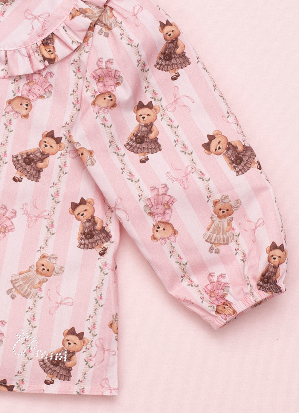 Camisa Algodão Estampa Listra e Ursinha Gola Babadinho