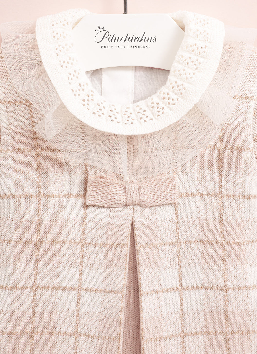 Vestido Tricot Xadrez Prega Laço Mini