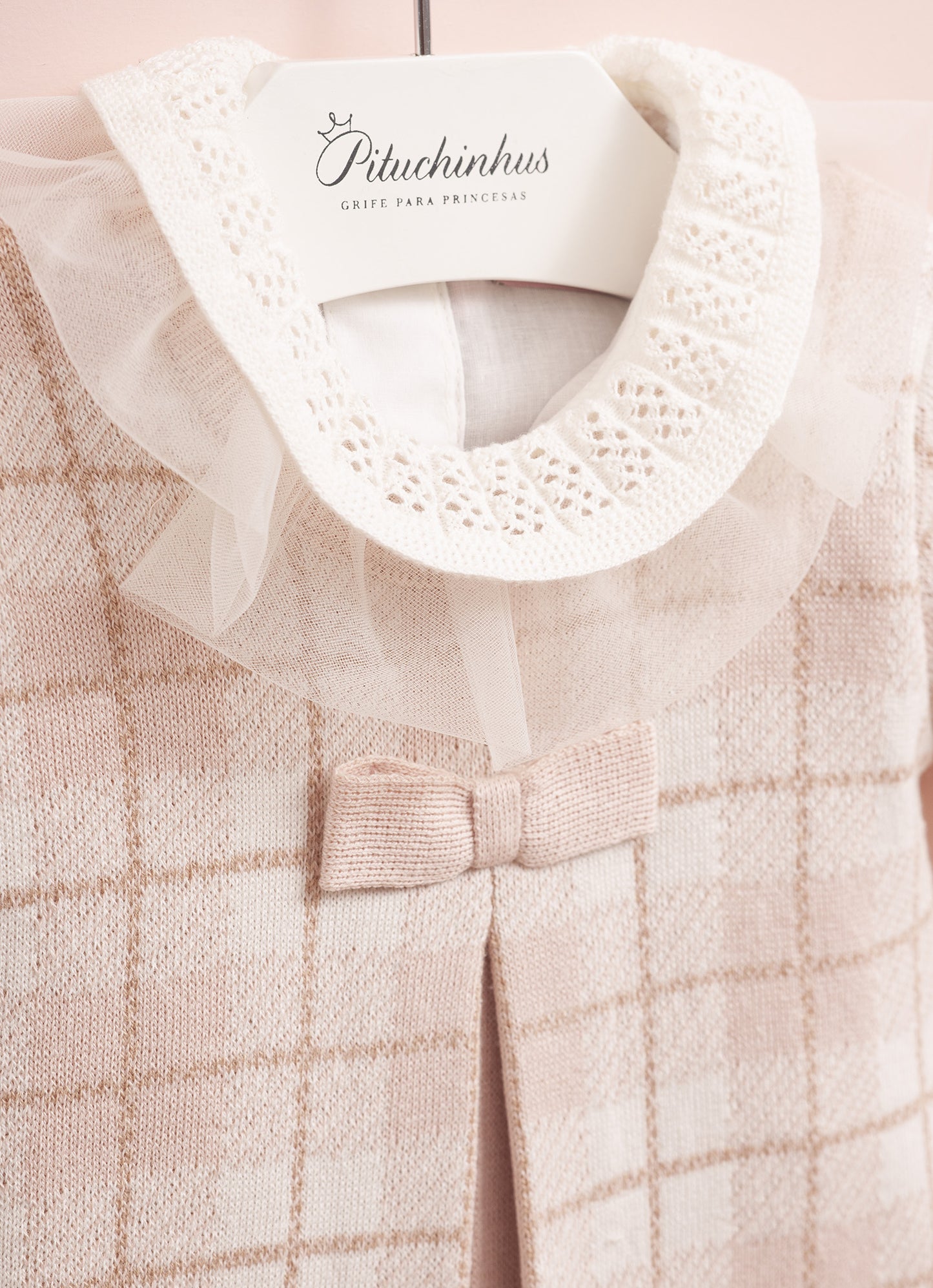 Vestido Tricot Xadrez Prega Laço Mini
