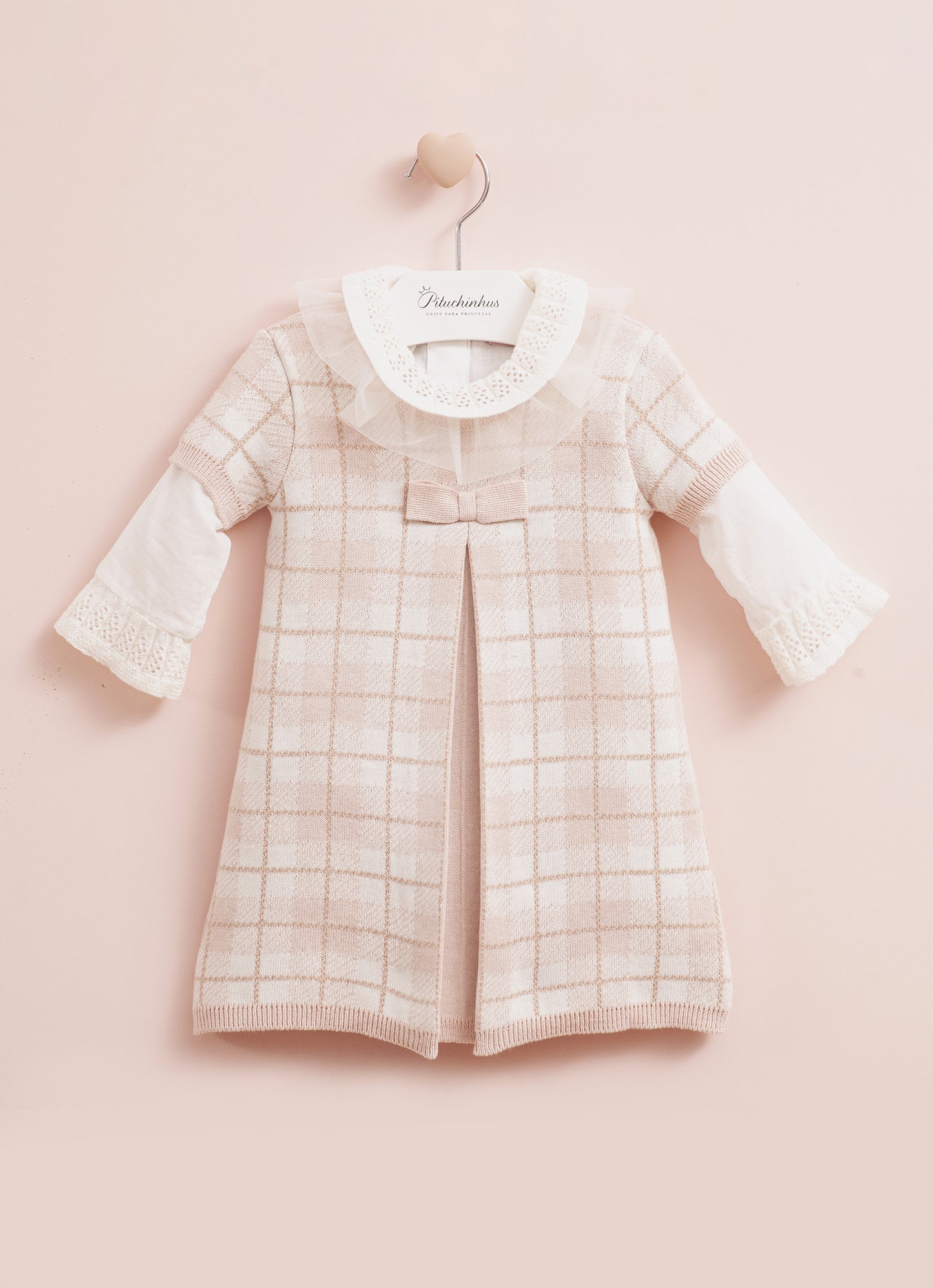 Vestido Tricot Xadrez Prega Laço Mini