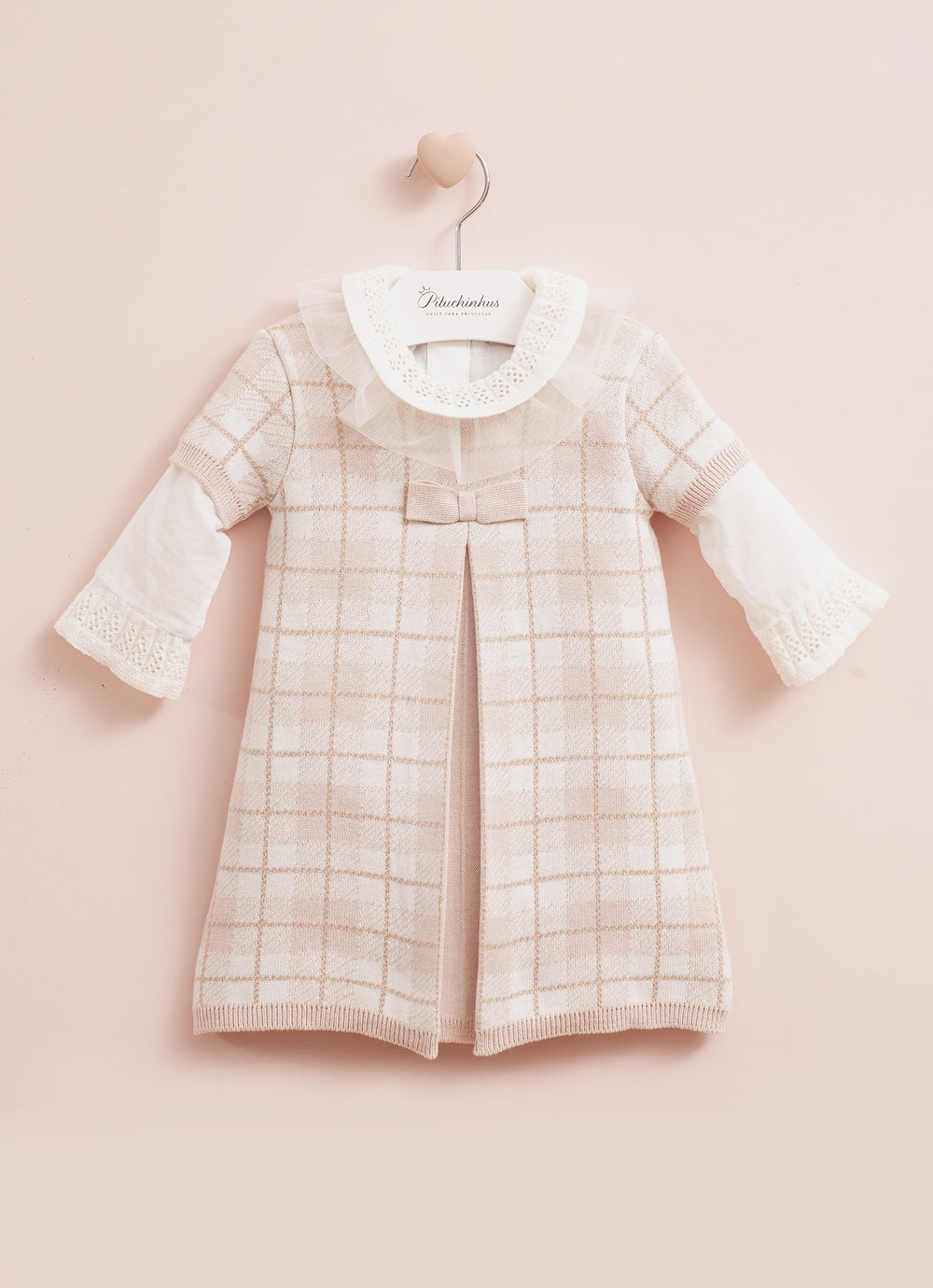 Vestido Tricot Xadrez Prega Laço Mini