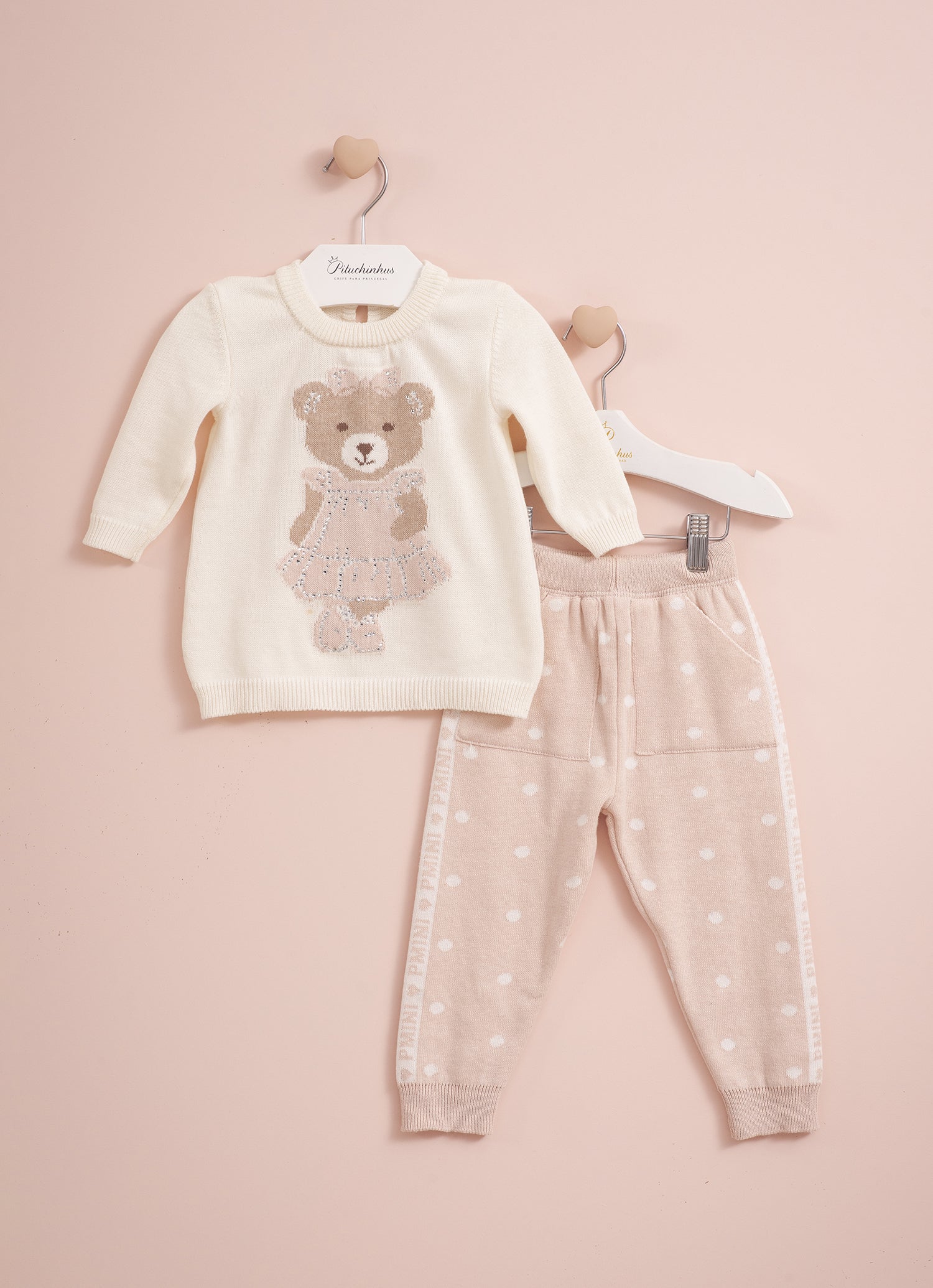 Conjunto Blusa Tricot Ursinha Legging Poá