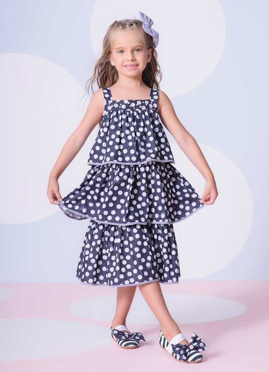 Vestido Algodão Estampado Poá Babados