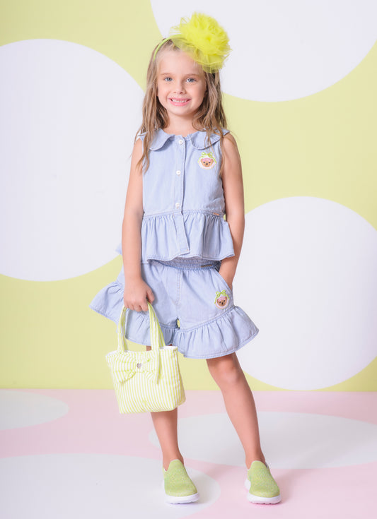 Short Jeans Fino Babado Patche Ursinha