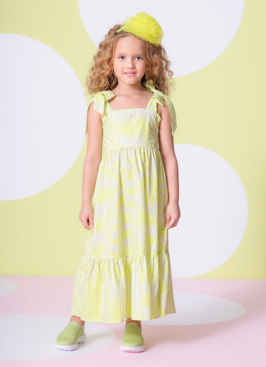 Vestido Midi Tricoline Listrado Babado