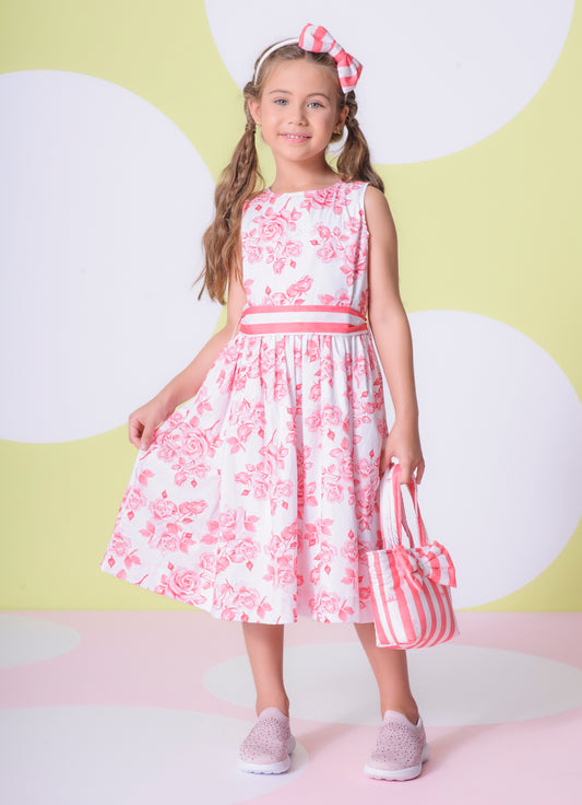 Vestido Algodão Floral Cinto Listrado