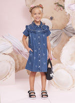 Vestido Jeans Fino Laços Detalhe Cristal