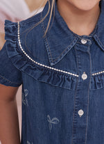 Vestido Jeans Fino Laços Detalhe Cristal