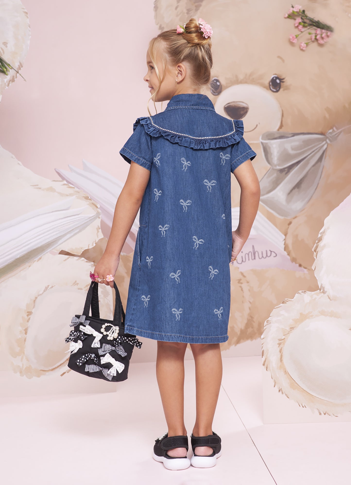 Vestido Jeans Fino Laços Detalhe Cristal