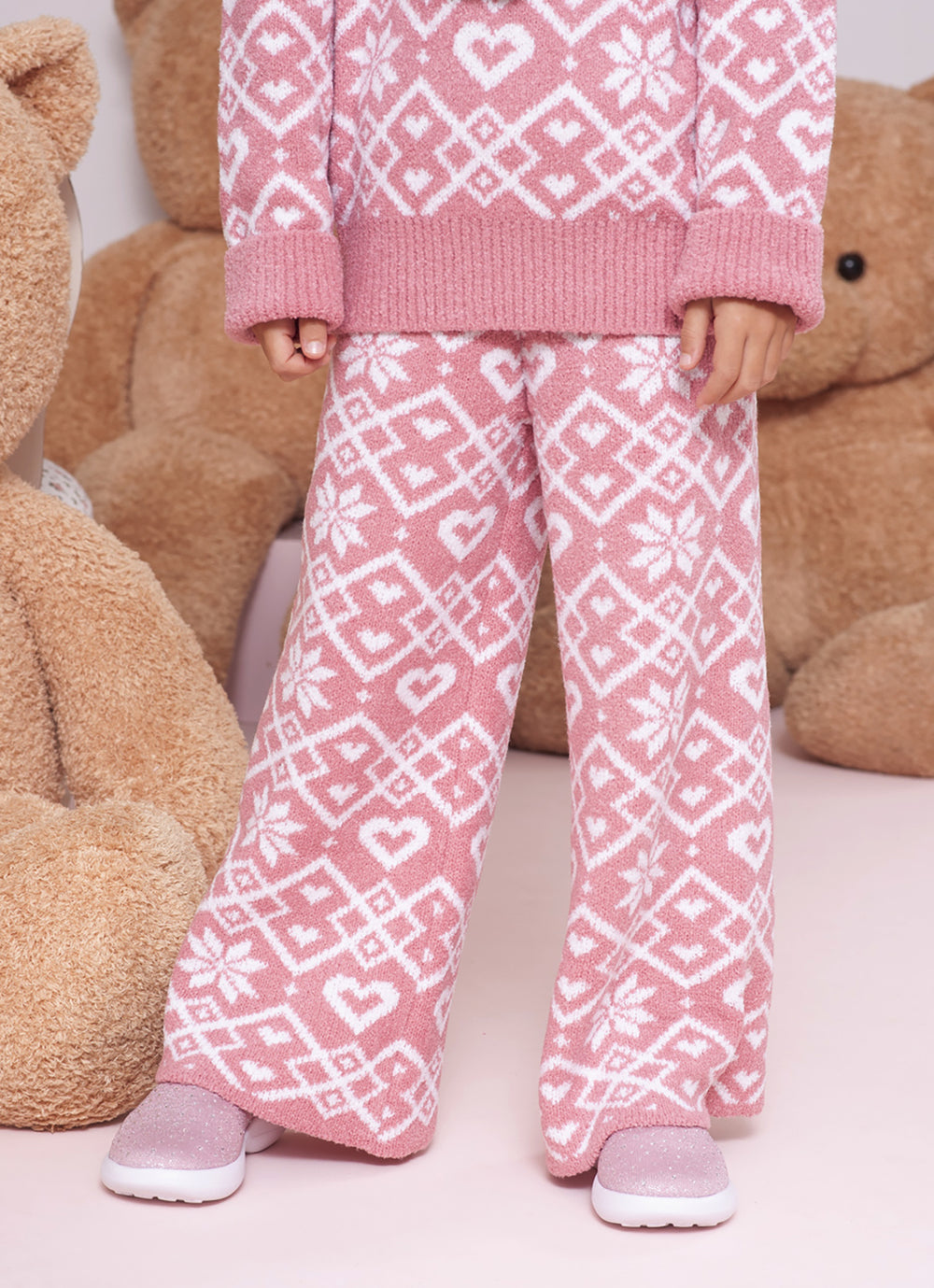 Calça Tricot Reta Jacquard Floco E Coração