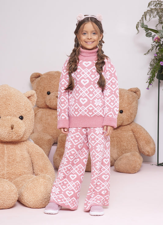 Calça Tricot Reta Jacquard Floco E Coração