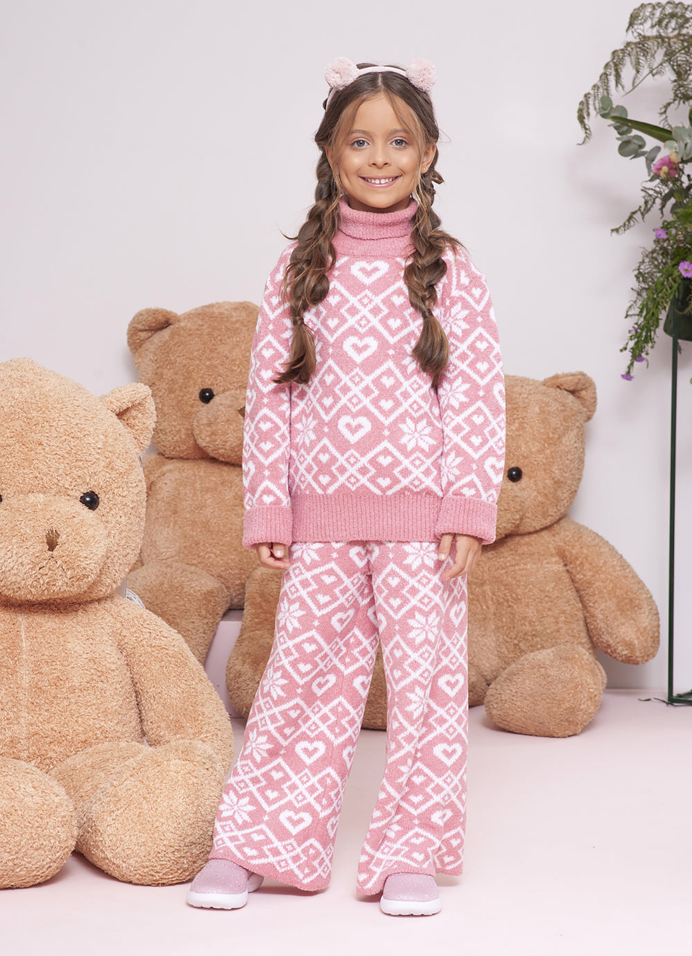 Calça Tricot Reta Jacquard Floco E Coração