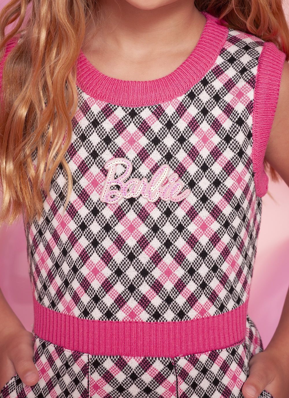 Vestido Tricot Regata Xadrez Patche Barbie