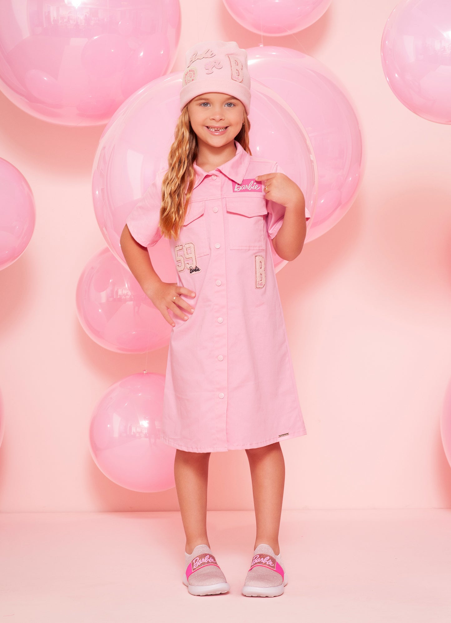 Vestido Sarja Bolsos Patches Barbie