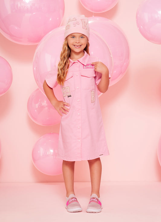 Vestido Sarja Bolsos Patches Barbie