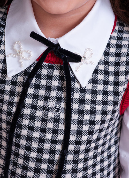 Vestido Tricot Xadrez Botão Jóia Coração