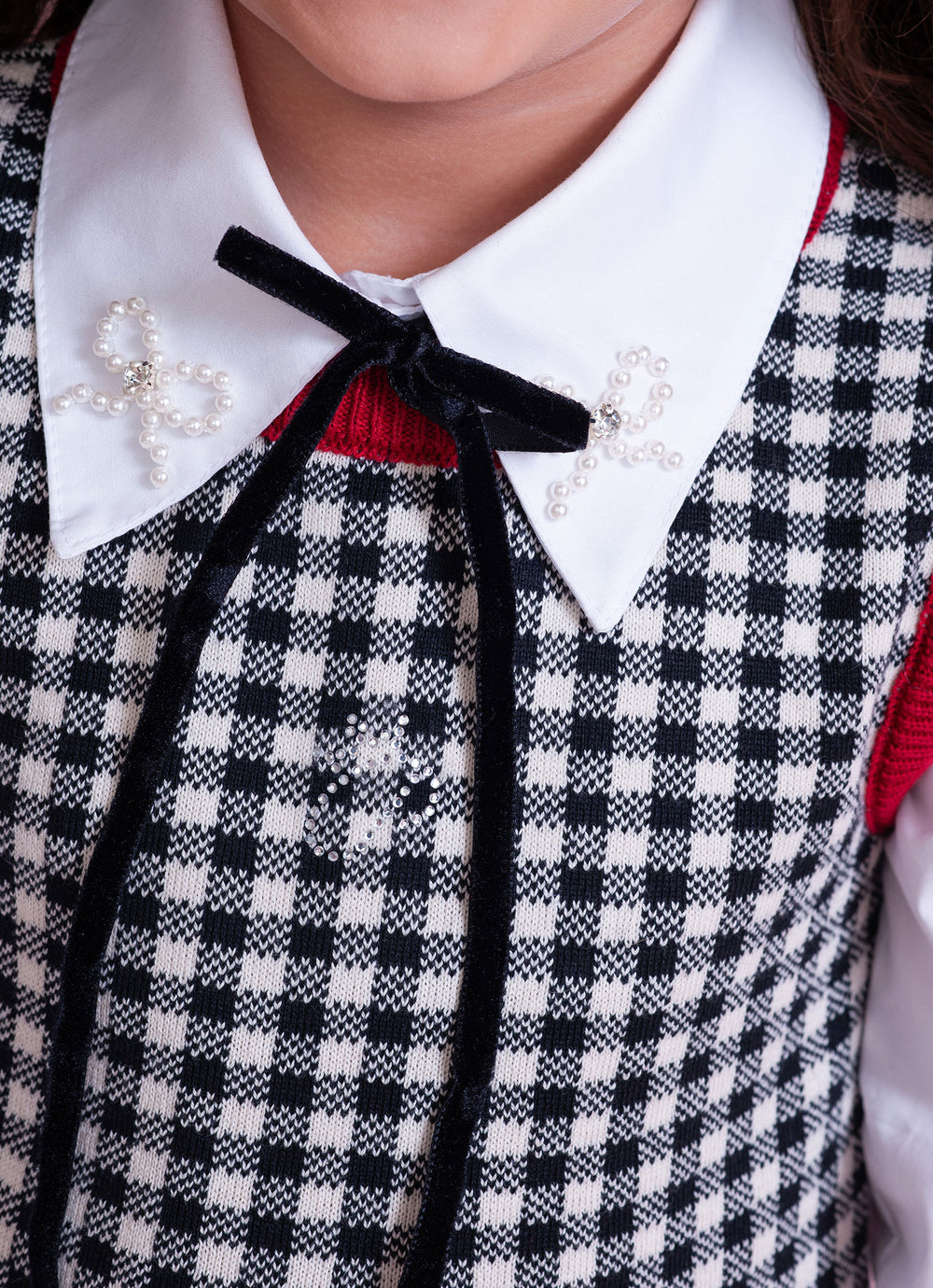 Vestido Tricot Xadrez Botão Jóia Coração