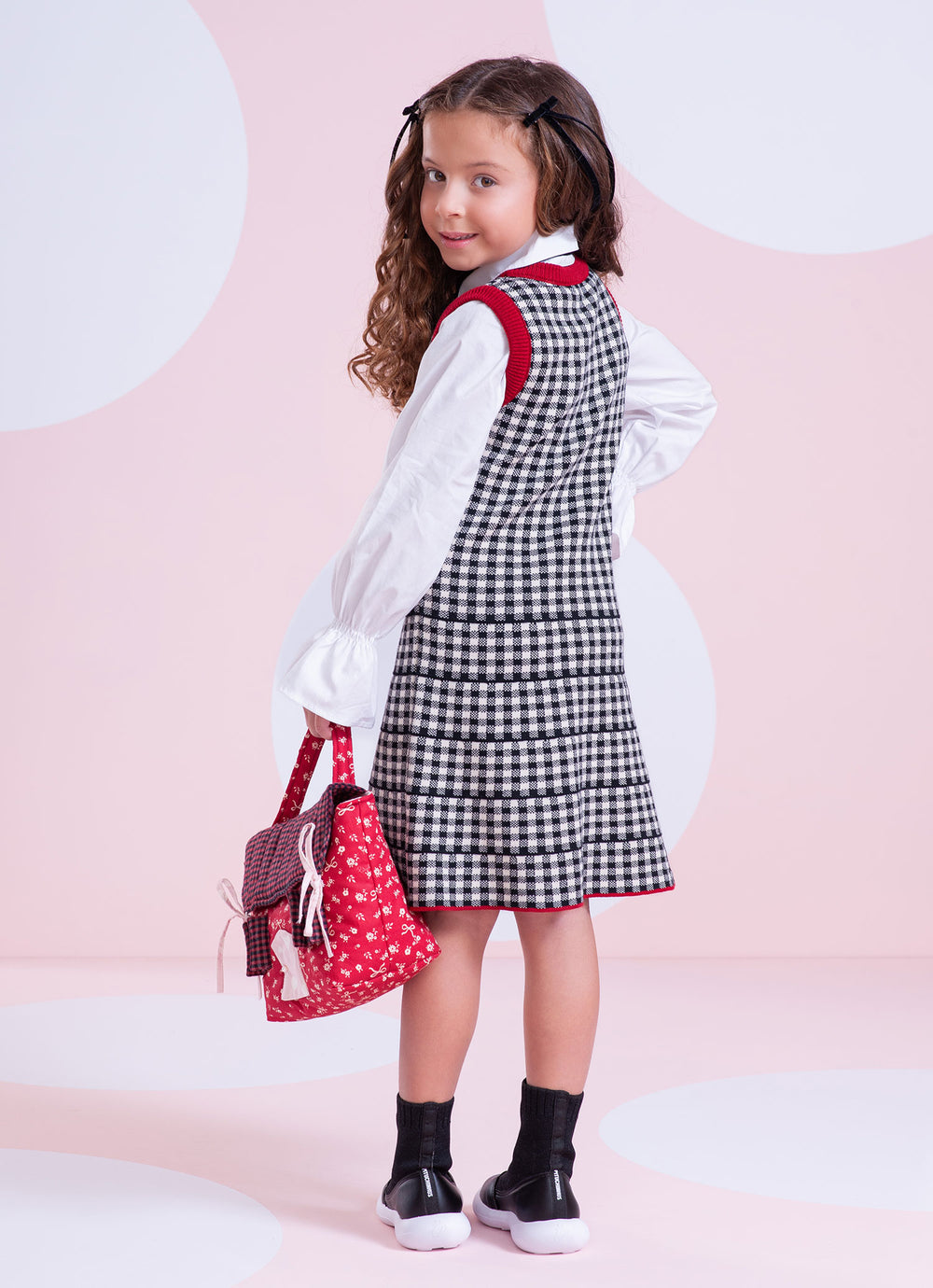 Vestido Tricot Xadrez Botão Jóia Coração