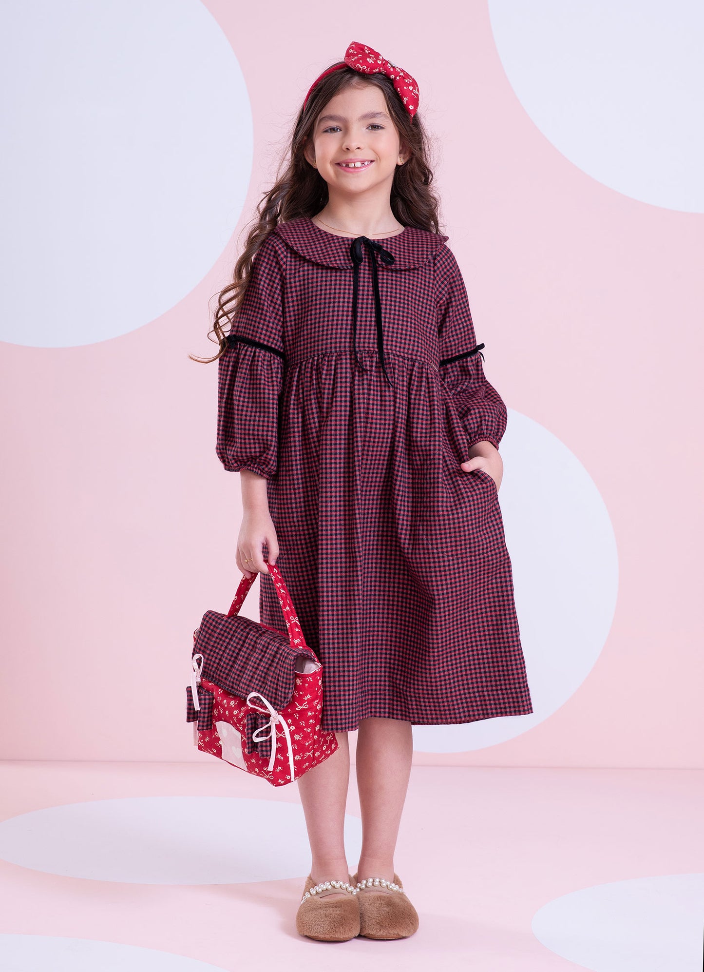 Vestido Xadrez Golinha Laços Veludo