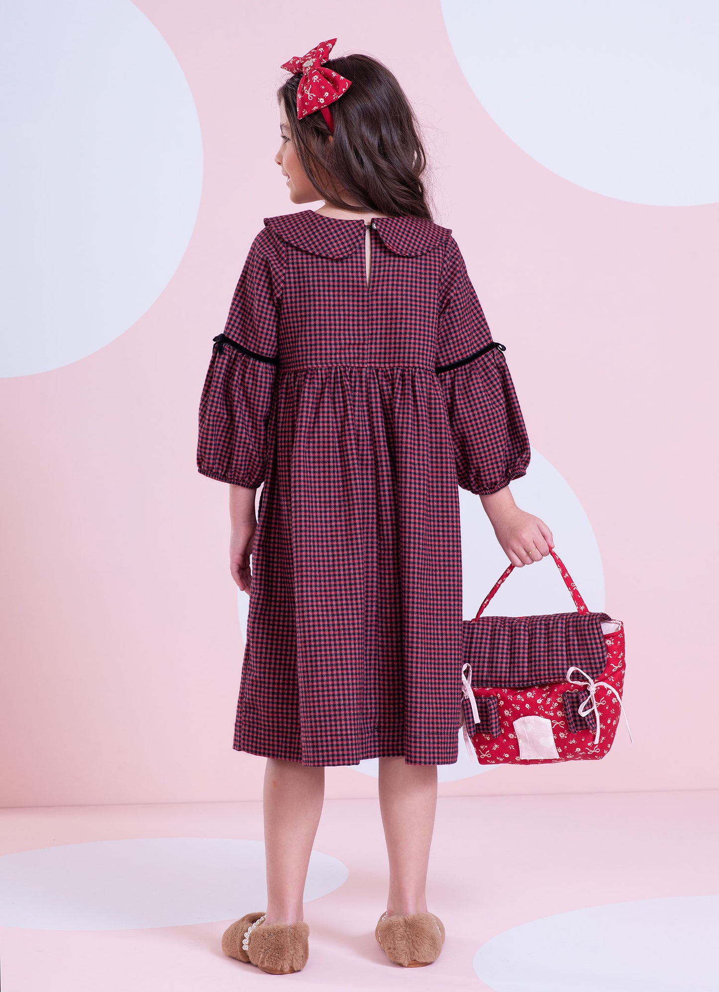 Vestido Xadrez Golinha Laços Veludo