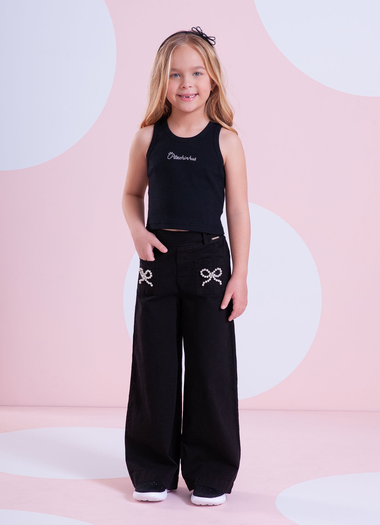 Calça Sarja Reta Laços Bordados