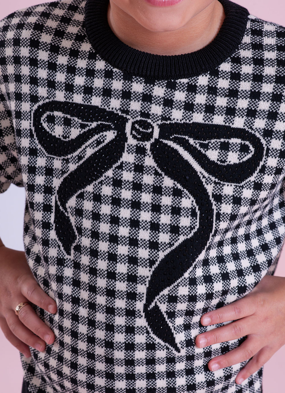Blusa Tricot Xadrez Laço Cristal