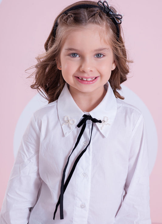 Camisa Tricoline Laços Bordados Veludo