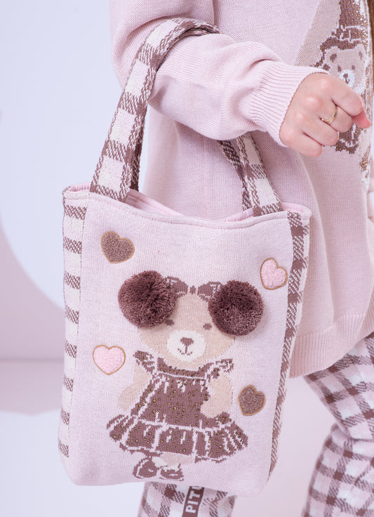 Bolsa Tricot Ursinha Xadrez PomPom