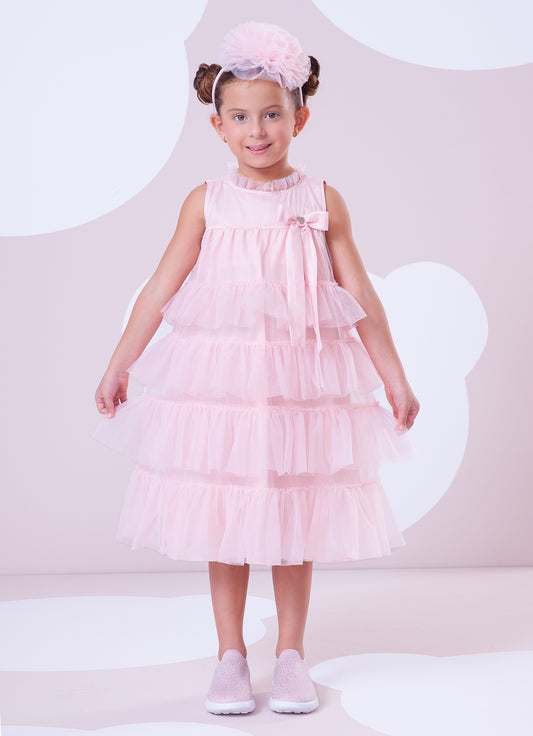 Vestido Tule Camadas Babado Laço