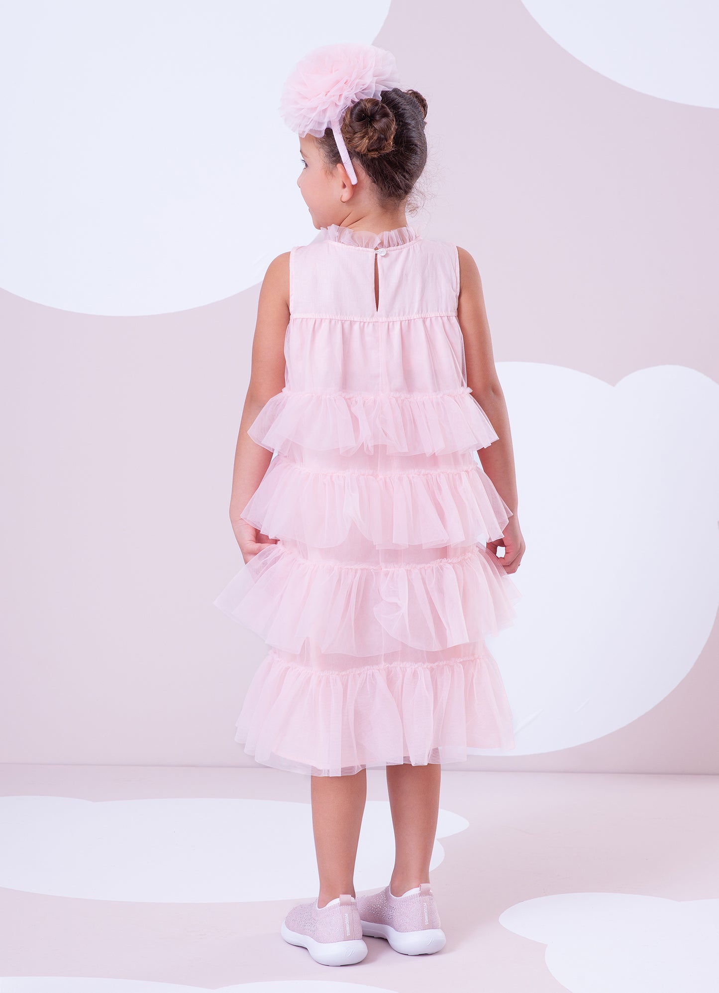 Vestido Tule Camadas Babado Laço